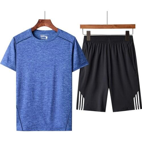 Summer Short-sleeved Shorts Sports Suit Mens Quick-dry O-neck T-shirt Large Size Loose Five-point Pants Running Fitness Clothes