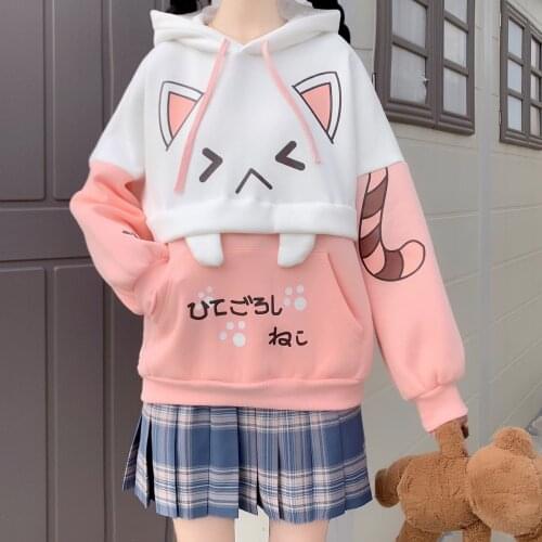 Harajuku Kawaii Women Cute Hoodie Black Pink Long Sleeve Graphic Cat Ear Funny Anime Teen Girls Pullover Vintage Sweatshirt 2021