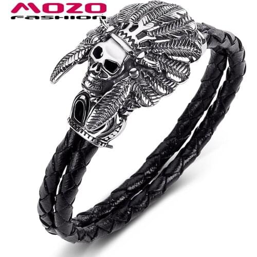 Fashion Men Jewelry Black Double Layer Leather Bracelet Stainless Steel Punk Indian Skull Exaggeration Bangles PS1028