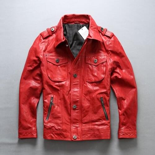 AVIREXFLY 2020 New Men Fashion Red Genuine Motorcycle Leather Jacket Vegetable Tannin Red Sheepskin Riding Biker Jackets