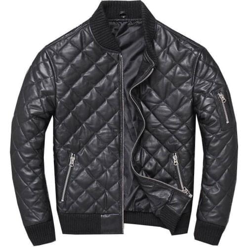 Mens Youth Sheepskin Leather Jacket Slim Fit Fashion Motorcycle Baseball Genuine Leather Jacket