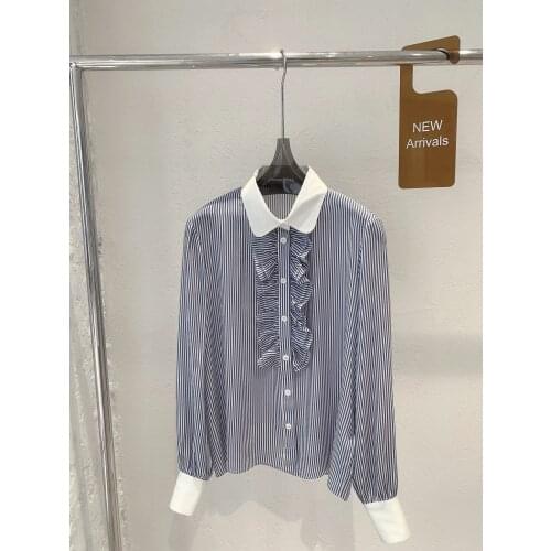 New ladies fashion 2021 long-sleeved sexy casual striped white silk shirt with lotus leaf stitching on chest 0116