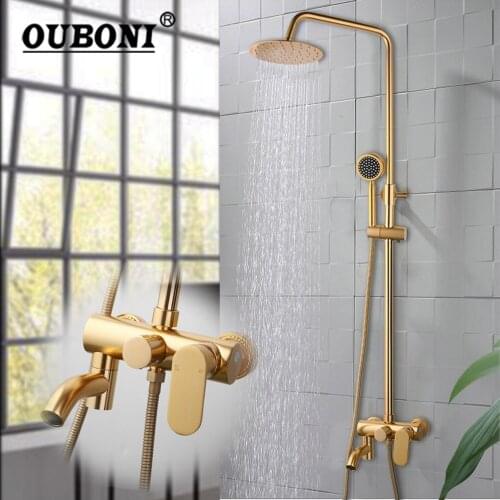 OUBONI Brushed Gold Bathroom Shower Faucet Rain Shower Head Bathtub Mixer Shower Faucet Set W/ Hand Bath Shower Rotated Spray