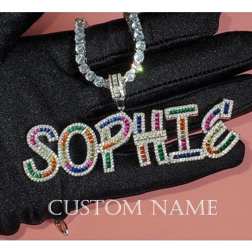 Rainbow Color Custom Name Words Baguette Letters Pendant AAAA Zircon Copper Name Plate Necklace Drop Shipping
