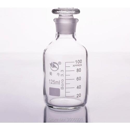 Reagent bottle,Narrow neck with standard ground glass stopper,Clear,Boro. 3.3 glass,Capacity 125ml,Sample Vials