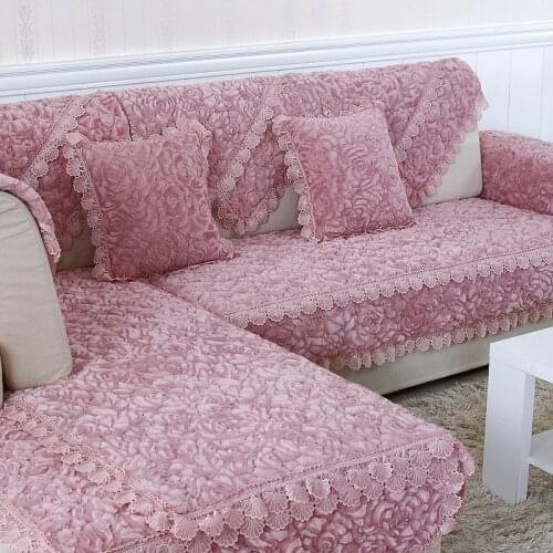 Thick Plush Sofa Cushion European Style Winter Flannel Printing Cushion Living Room L Shaped Sofa Lace Sofa Cover Full Cover