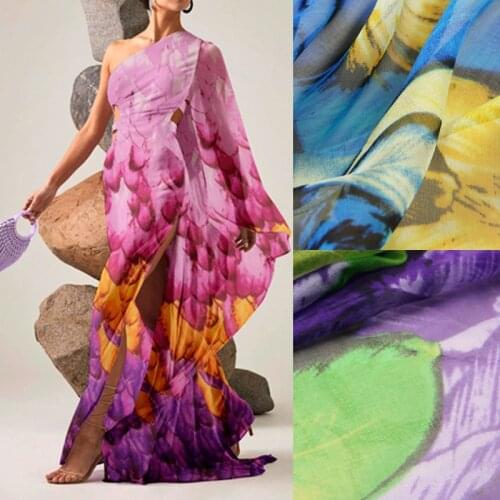 135CM Wide 6MM Feather Print Blue Green Pink Thin Silk Chiffon Fabric for Summer Long and Short Dress Blouse Shirt D952