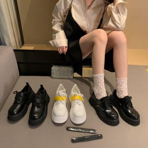 Student Round toe thicken soled oxfords woman flats creepers lace up loafers two ways buckle belt small leather shoes women 2021