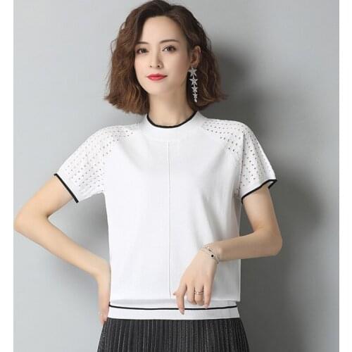 Summer Womens T Shirt Top 2021 Fashion Hollow-out Short Sleeve Tee Shirts Femme Tops O-neck Casual Cotton Solid Tees