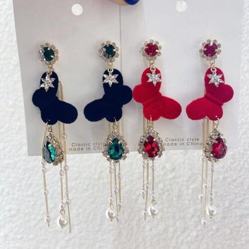 Elegant Korean Velvet Butterfly Long Pearl Tassel Drop Earrings For Women Fashion Crystal Pendientes Jewelry Gifts