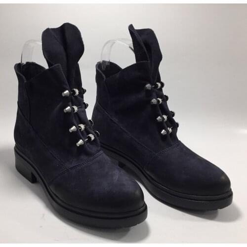 Women Genuine Leather Navy Blue Ankle Winter Boots Autumn Shoes Female Thick Short Booties Real Suede Leather Red Bootie