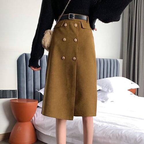 High Waist Belted Woolen Skirts for Women Winter Vintage Thicken Double-breasted Female Skirts Casual Streetwear A-line Skirts