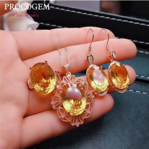 Natural Citrine Jewelry sets with Cubic Zirconia for Women Necklace Ring Earrings Real gemstones fine Jewelry S925 Silver #481