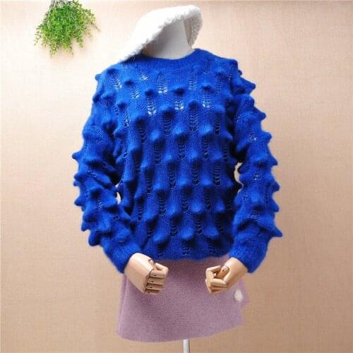 Ladies women fashion blue winter thick warm Horn shapes angora rabbit fur knitwear o-neck winter jumper sweater pullover tops