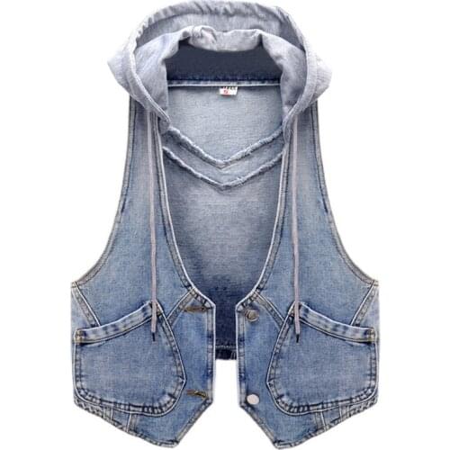 Womens Spring Autumn Sleeveless Hooded Vintage Blue Denim Vest Female Winter Plus Size Slim Short Waistcoat 3XL TB321