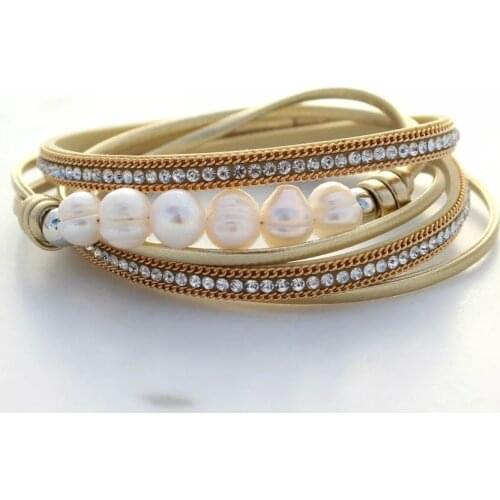 Gold Leather Baroque Pearls Wrapped Bracelets for Women Vintage Fashion Trendy Bangle Wrists Jewelry