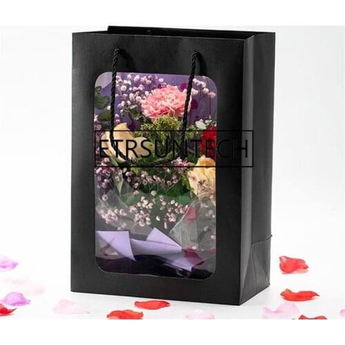 50pcs/lot 25x15x35cm Pink/White/black Large Window Bag Transparent Visible Flower Packing Bag Gift Bag portable Paper Flower Bag