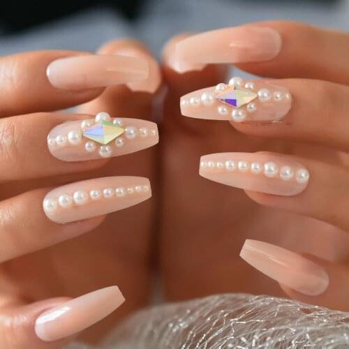Nail Art Accessories Long Nude Color Coffin Shaped False Nail Tips Press On Nail With Pearl and Crystal For Party