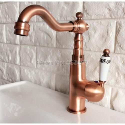 Antique Red Copper Swivel Spout Faucet Single Handle Bathroom Faucet Cold and Hot Water Mixer Washbasin Faucets Wnf411