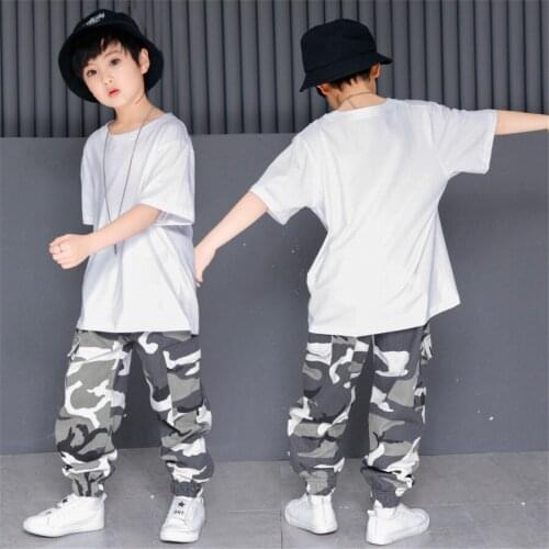 Kids White T Shirt Tops Camouflage Jogger Pants Hip Hop Clothing Clothes for Girls Boys Jazz Dance Costume Ballroom Dancing Wear