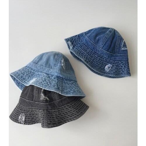 Autumn children unisex fashion new denim ripped caps bucket hat boys girls sunhat