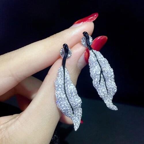 Long leaf drop earring 925 sterling silver with cubic zircon fine women jewelry free shipping