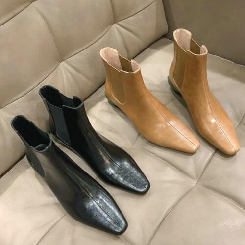EshtonShero Winter New Ankle Boots Low Heel Riding Boots Patent Leather Platform Pointed Toe Slip On Women Boots Size 3-11