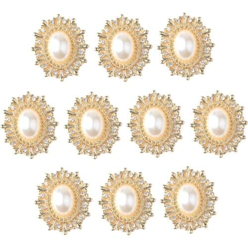Fityle 10x Gold Alloy Oval Rhinestone Pearl Flatback Buttons Jewelry Making Findings Scrapbook Embellishments for Craft 29mm