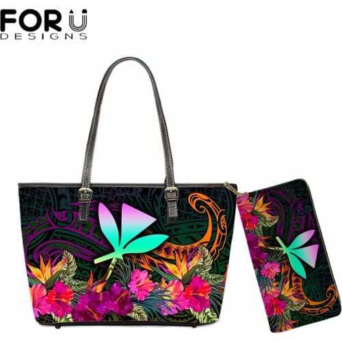 FORUDESIGNS Luxury Design Polynesian Hawaii Kanaka Maoli Summer Hibiscus Printed 2pcs Leather Handbag with Purse for Women Sac