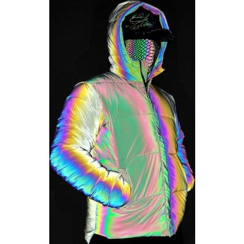 Cotton Jacket Pink Colorful Reflective Winter Jacket Men and Women Hip Hop Couple Street Short Front and Long Hooded Cotton Coat