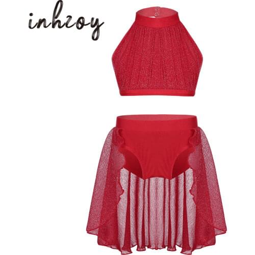 Girls Ballet Tutu Dance Wear Shiny Mesh Crop Top Shorts Skirt Set Ballerina Stage Contemporary Lyrical Dance Costumes