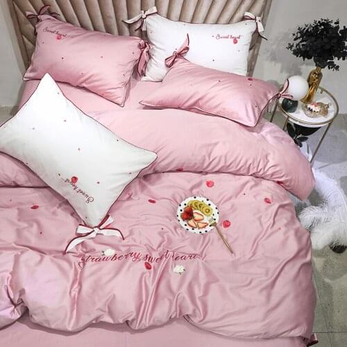 Exquisite Strawberry Hand Embroidery 60S Egyptian Cotton wedding Bedding Set Duvet Cover Bed Linen Bed sheet Pillowcases #sw