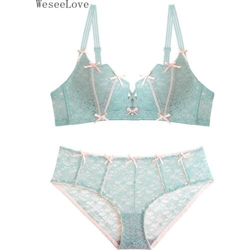 WeseeLove Bra For Women Lace Sexy Cute Kawaii Gathering Push Up Wire Free Beauty Back Ladies Underwear And Panty Lingerie Set