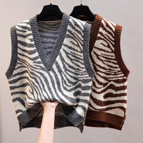 Korean knitted Sweater Vest Women Autumn And Winter New Loose V-neck Zebra pattern Outer Pullover Sleeveless Casual Loose Tops
