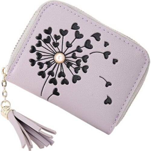 Hot Selling Simple PU Leather Zipper Multifunction Mini Short Ladies Wallet Tassel Love Heart Dandelion Print Wallet -B5