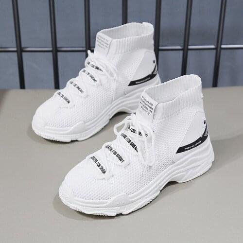BomKinta High Top Women Shoes Unisex Lace Up Black White Sneakers Sock Shoes Woman Thick Bottom Size 35-44 Couple Trainers