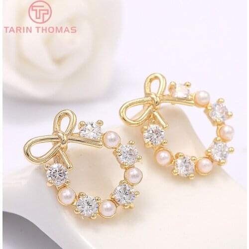 4PCS 15x18MM 24K Gold Color Plated Brass with Zircon Bow Knot Stud Earrings High Quality DIY Jewelry Making Findings