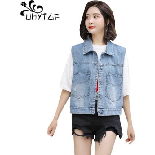 UHYTGF Fashion short vests for women Sleeveless summer denim vest waistcoat Single-breasted loose 5XL Plus size vests women 1449