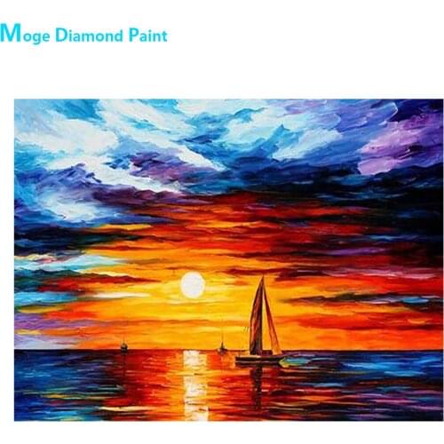 Sea Sunset Sailing Boat Diamond Painting Round Full Drill Nouveaute DIY Mosaic Embroidery 5D Cross Stitch Oil Scenic Pattern