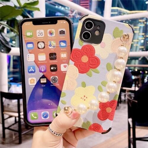 Soft TPU+Lambskin Flower Pearl Bracelet Case For Huawei P30 40 Y9 Y9 Prime Y9s Y7 Pro 2019 honor 8x 9x Mate 20 30 40