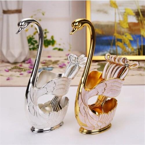 Dinnerware Set,Zinc Alloy Fruit Cake Fork Coffee Tea Spoon Swan Holder Cutlery Set 1XSwan Holder+ 6XSpoons