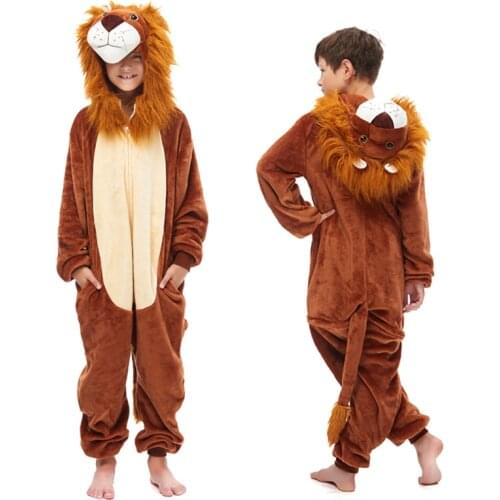 Children Boys Funny Lion Kigurumi Animal Onesies Pajamas Winter Warm Soft Flannel Costumes Cosplay Jumpsuit Zipper Design