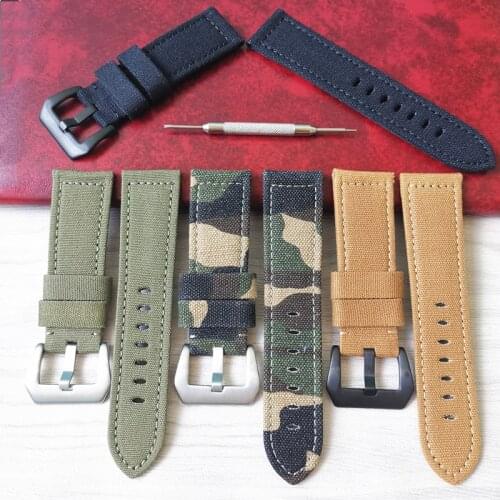 24mm Black Brown Army Green Camo Canvas Nylon Bottom Leather Watch Strap For Panerai Breitling Pilot Watchband Belt free tools