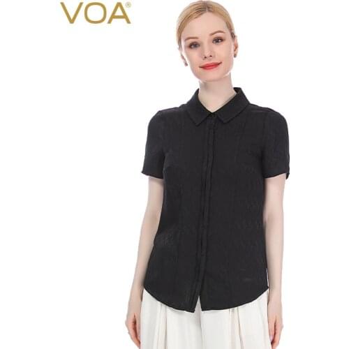VOA 22m/m Silk Jacquard Peter Pan Collar Short Sleeve Single Row Button Waist Hugging Slim-Fit Daily Commuter Simple Shirt B5136