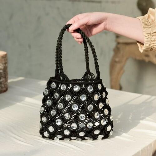 Hand-sewn Holiday Fashion Woven Diamond Handbags Mini Bucket Bag With Rhinestones Wedding Purse Chic Bag