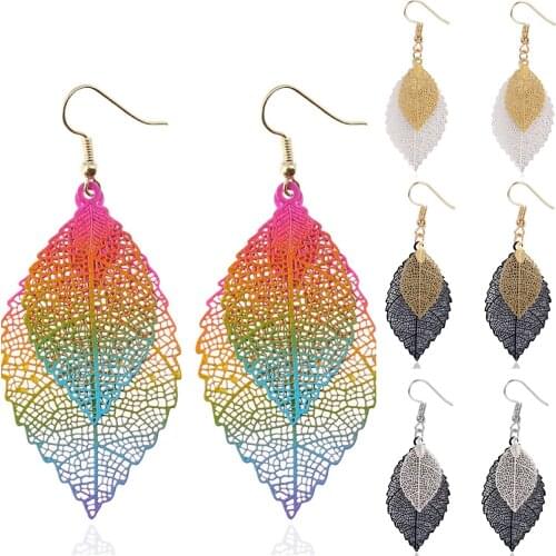 Retro simplicity Bohemian Long Double hollow Unique Natural colour Real Leaf Earrings Big Earrings For Women Jewelry Gift