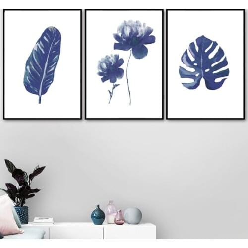 Blue Purple Watercolour Tropical Big Leaves Flower Pictures Nordic Plant Posters Wall Art Canvas Painting For Living Room