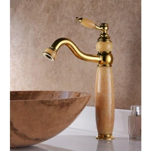 JADE STONE Brass GOLD finish bathroom wash basin vessel sink faucet mixer tall tap single handles /hole Deck mounted