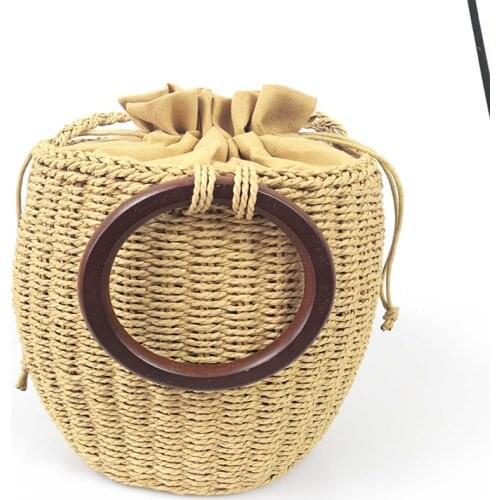 Multi-styles Straw Bags Handmade 2020 Summer Woven New woven bucket bag antique wooden handle handbag beach holiday bag