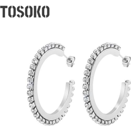 TOSOKO Stainless Steel Jewelry Star Studded Black And White Zircon Earrings Exaggerated Semicircle Earrings BSF367
